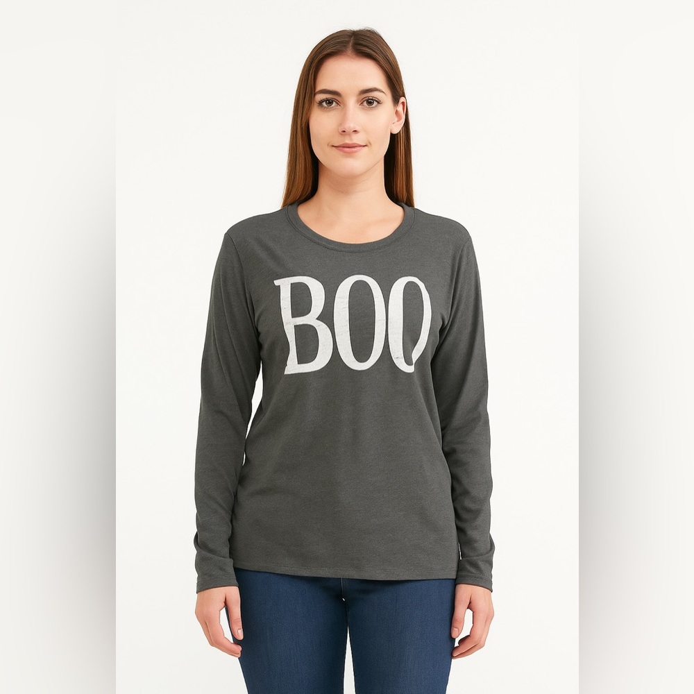 Sonoma BOO boo long sleeved Halloween cotton poly blend tee t-shirt grey gray